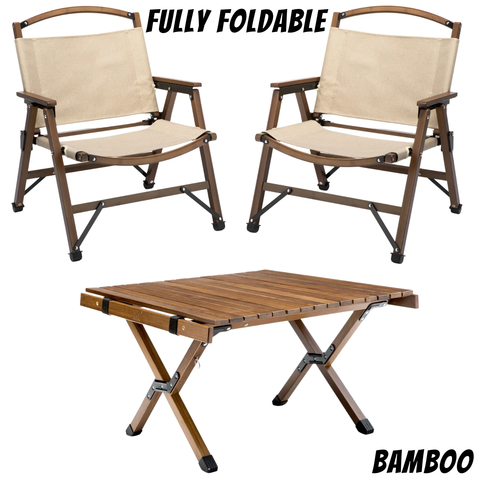 Bamboo Foldable Camping Table   2 Chairs Waterproof Wood Wooden Travel Set Kit