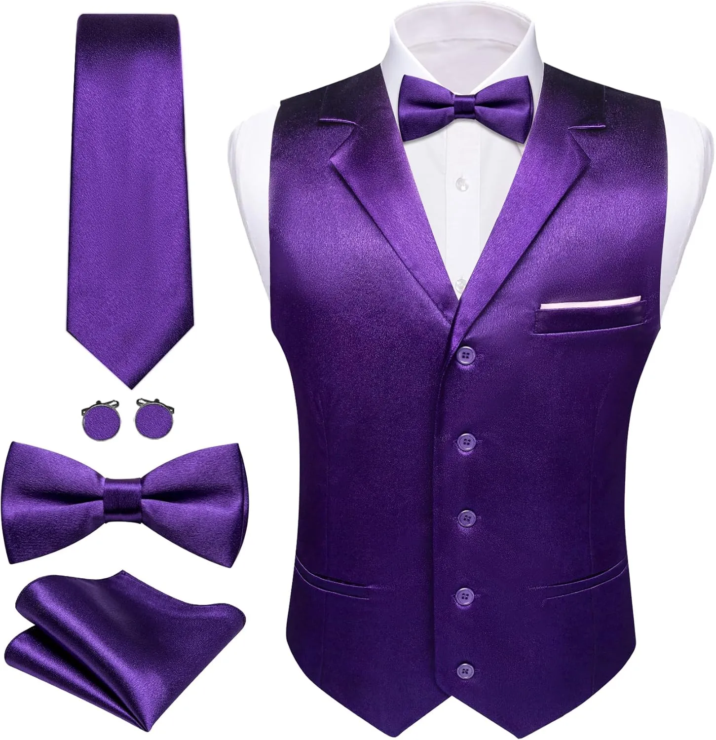 Barry.Wang Mens Satin Formal Suit Vest Tie Bowtie Set 8PC Lapel Collar Casual Slim Fit Waistcoat Wedding Party Tuxedo