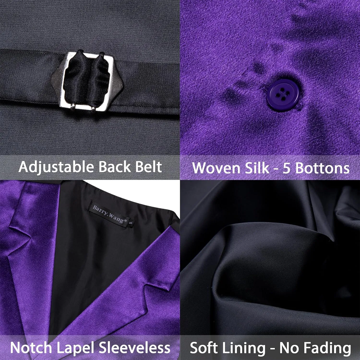 Barry.Wang Mens Satin Formal Suit Vest Tie Bowtie Set 8PC Lapel Collar Casual Slim Fit Waistcoat Wedding Party Tuxedo