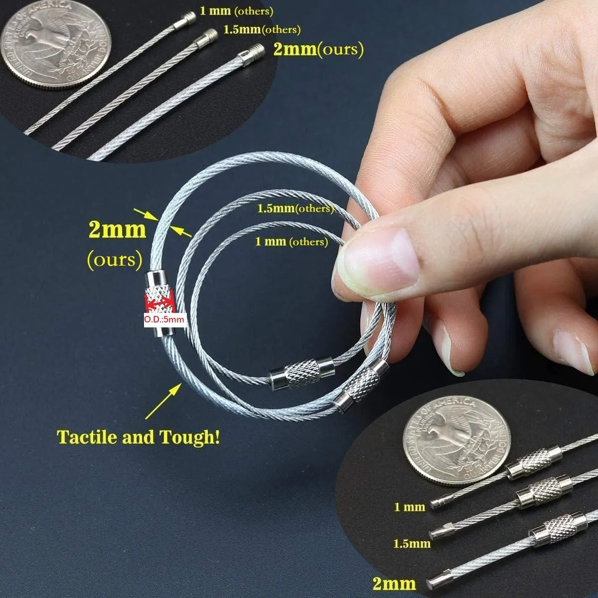 bayite Key Rings Stainless Steel Wire Keychains Lock Cable Heavy Duty Luggage Tags Loops Keepers 2mm Twist Barrel Pack of 12 (Cable length: 6 inches)