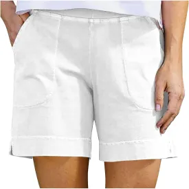 Cotton Shorts for Women Casual 7 Inch Inseam Shorts Summer Elastic Waist Short Vacation Beach Outfits with Pockets