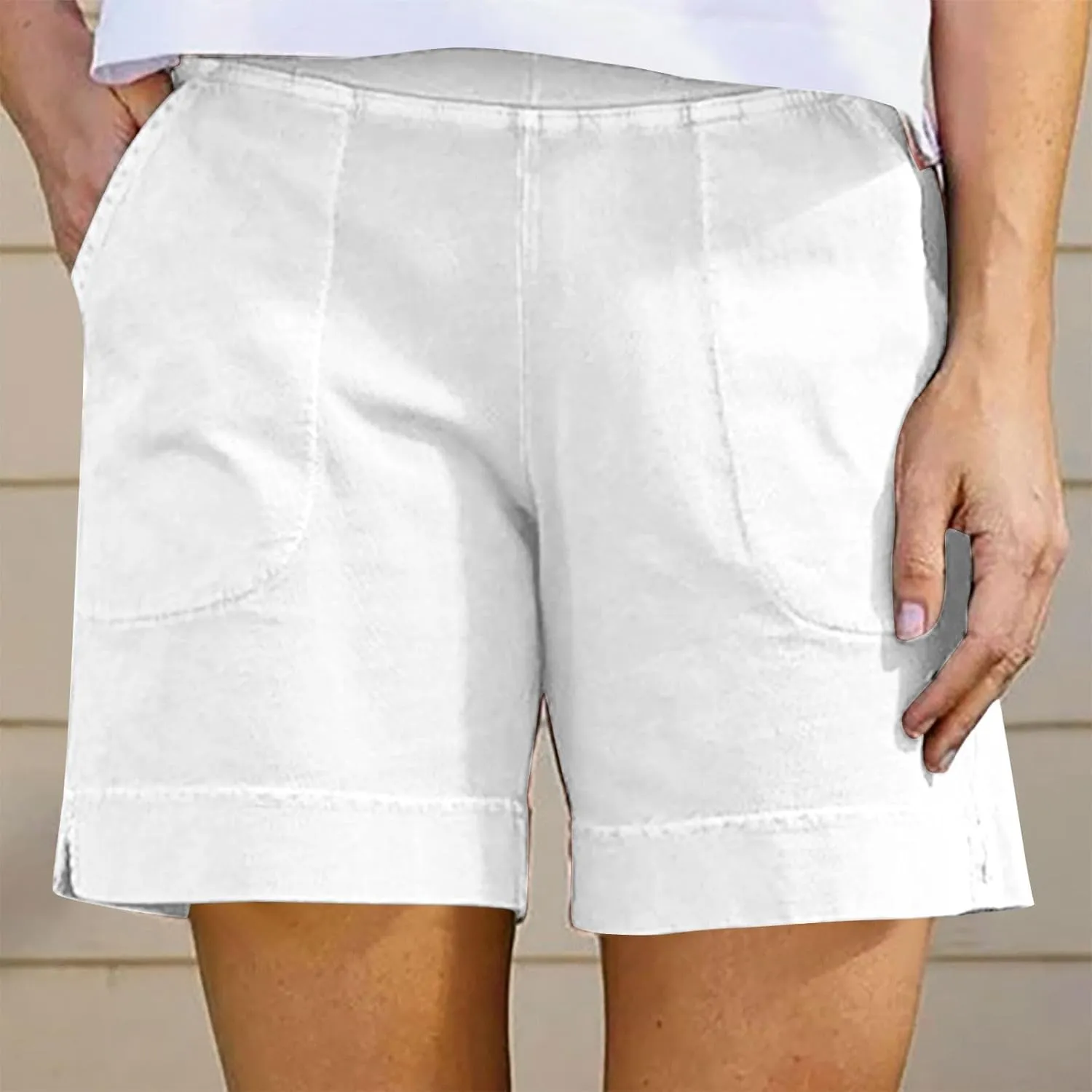 Cotton Shorts for Women Casual 7 Inch Inseam Shorts Summer Elastic Waist Short Vacation Beach Outfits with Pockets