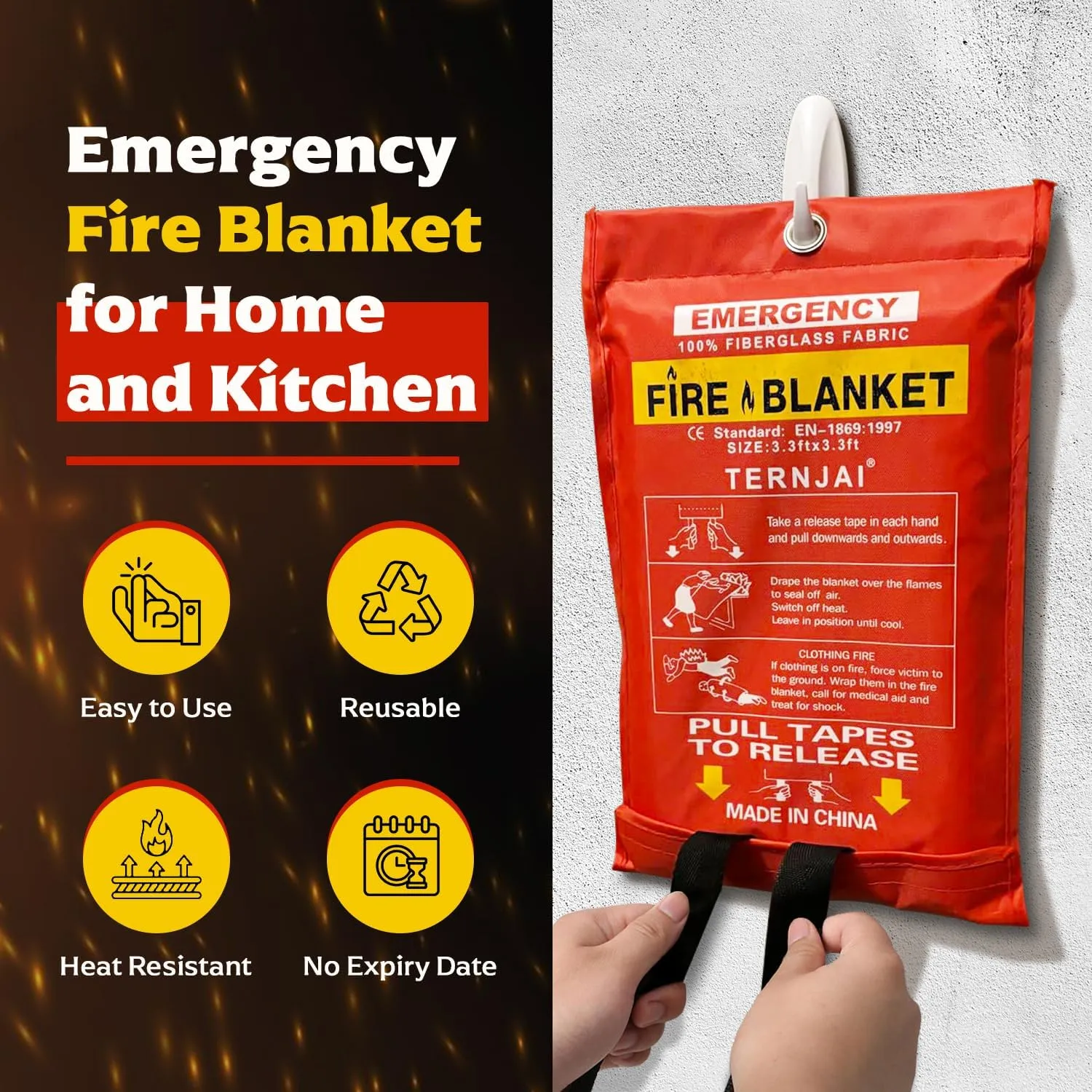 Emergency Fire Blanket For Home & Kitchen |40"x40" Fiberglass Supression Jacket with Safety Gloves- 2pk | Fire Retardant Protection |Fireproof Blanket for Office, Warehouse, Camping, Car & Fireplace