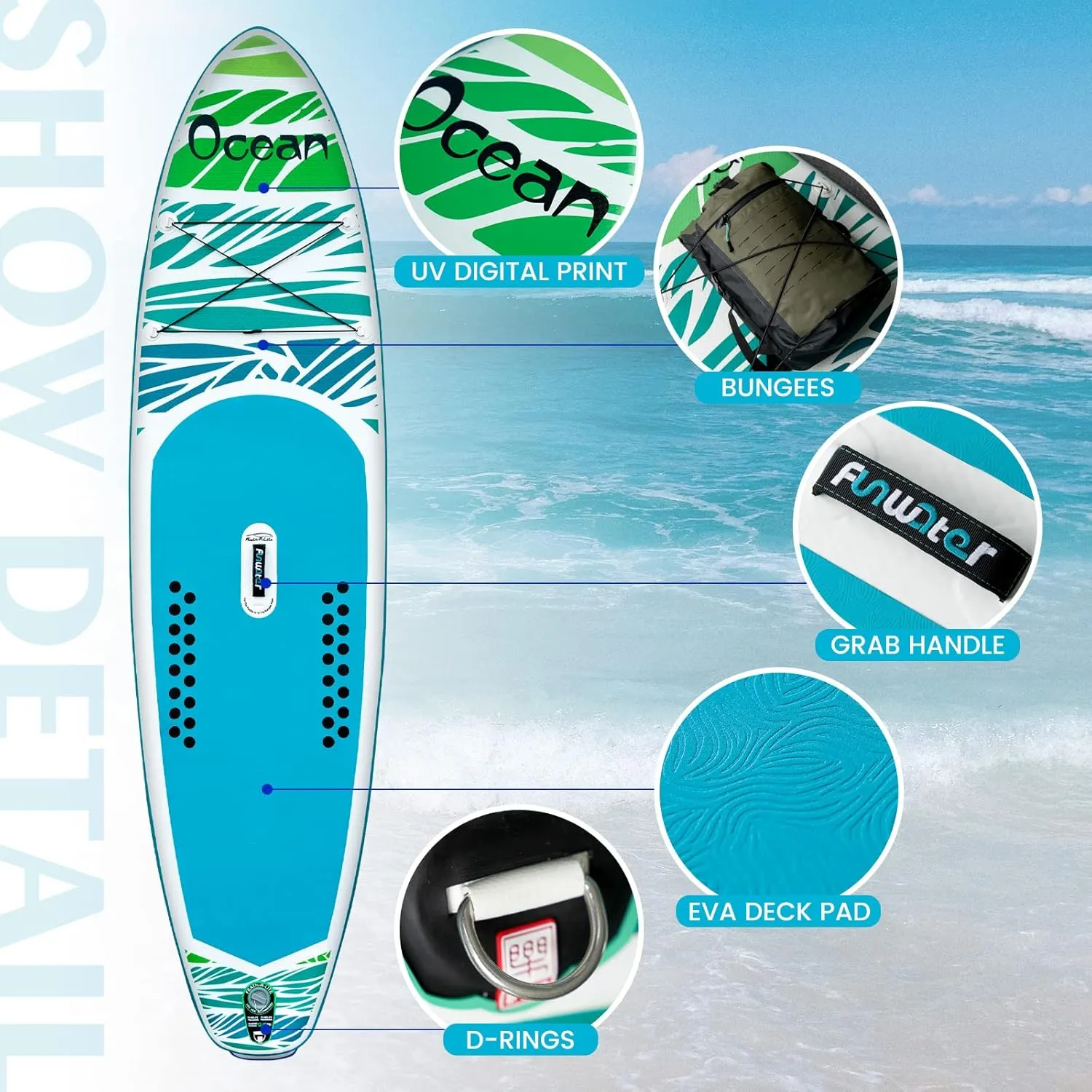 FEATH-R-LITE Inflatable Paddle Board Stand Up Paddleboards for Adults SUP with Premium Accessories Pump, Adjustable Paddle, Leash, Three Fins, Backpack