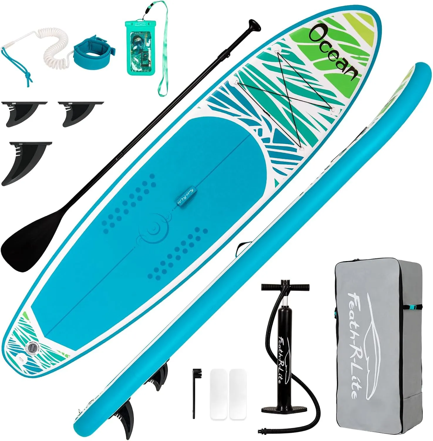 FEATH-R-LITE Inflatable Paddle Board Stand Up Paddleboards for Adults SUP with Premium Accessories Pump, Adjustable Paddle, Leash, Three Fins, Backpack