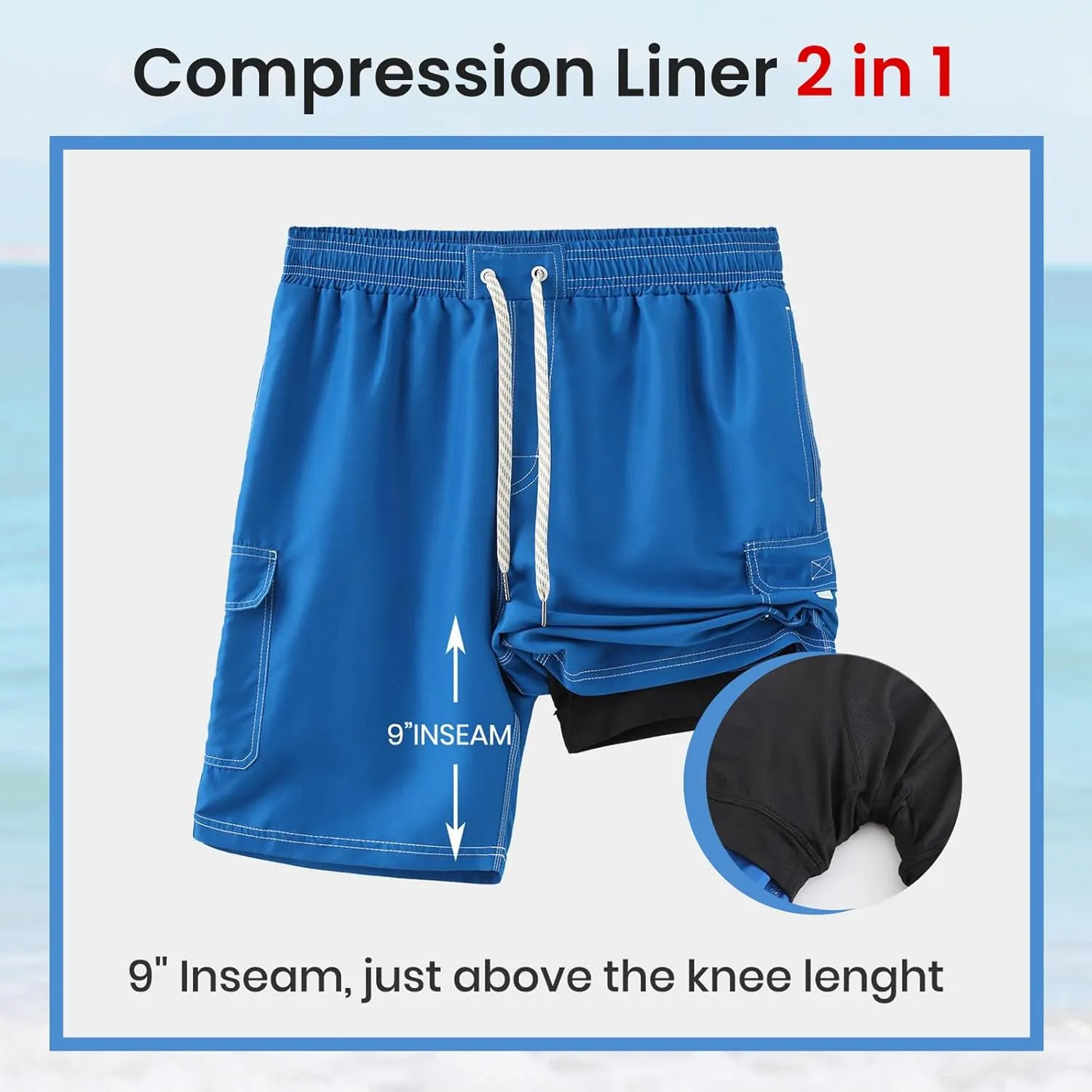 HODOSPORTS Mens Swim Trunks with Compression Liner 9 inch Bathing Suit Quick-Dry Swim Shorts Cargo Pockets S-4XL