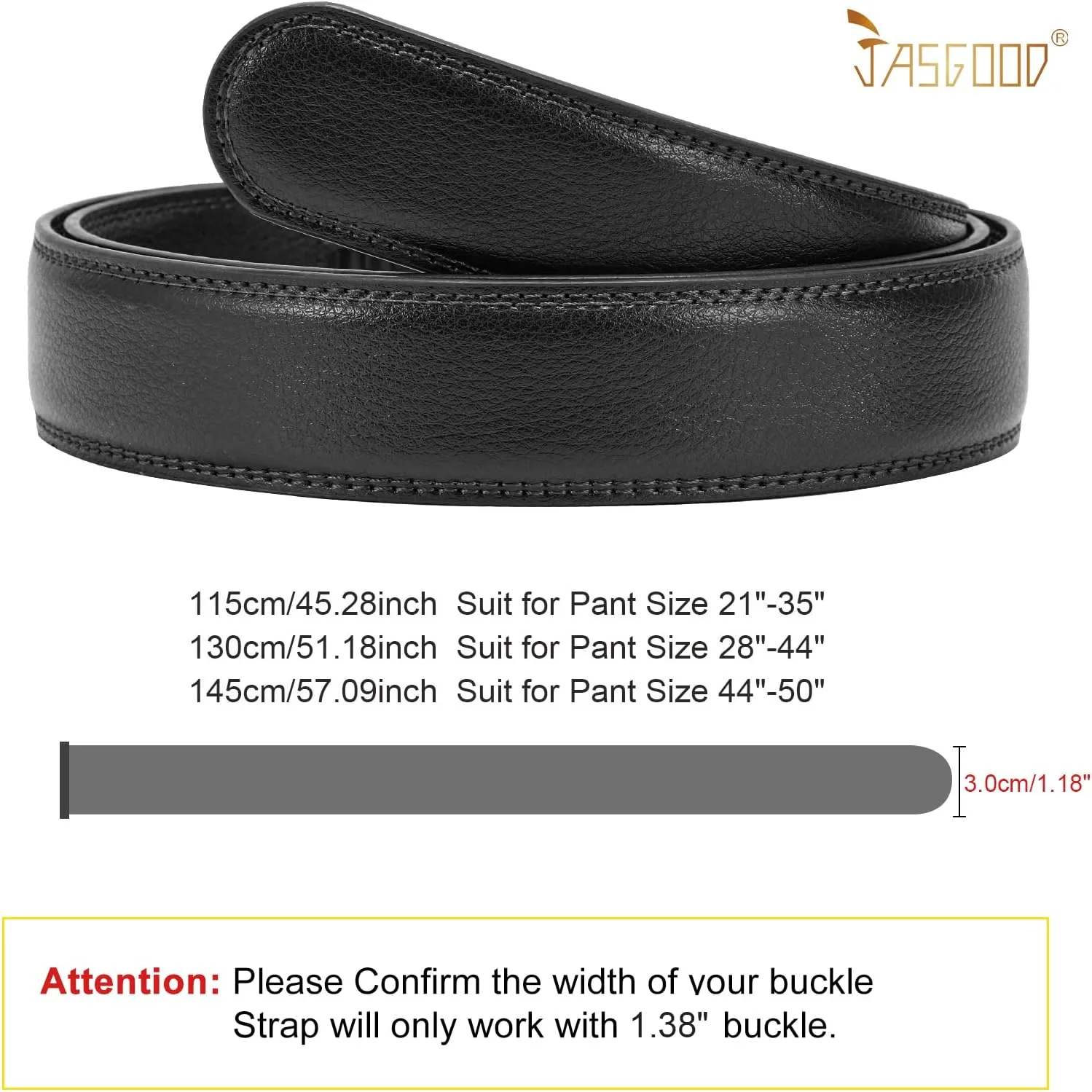 JASGOOD Ratchet Belt Replacement Strap 1 1/8", Leather Belt Strap for 35MM Slide Click Buckle