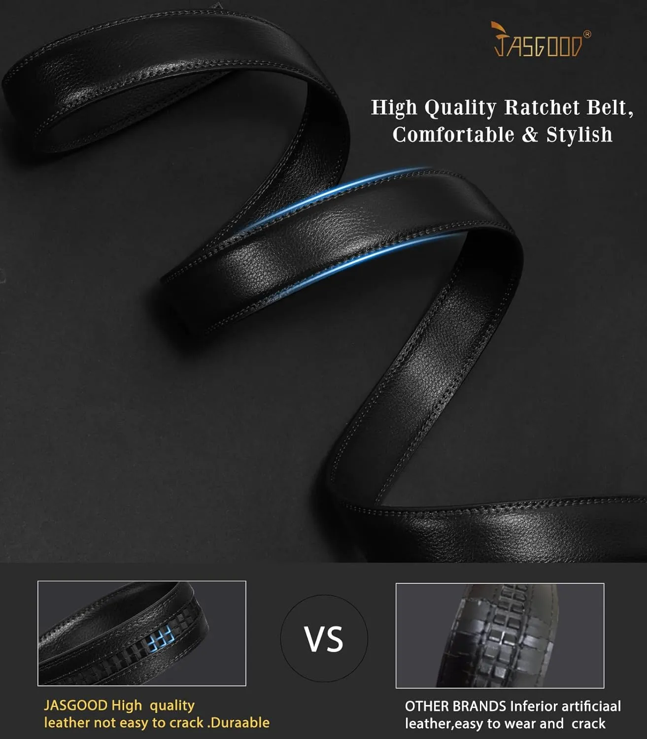 JASGOOD Ratchet Belt Replacement Strap 1 1/8", Leather Belt Strap for 35MM Slide Click Buckle