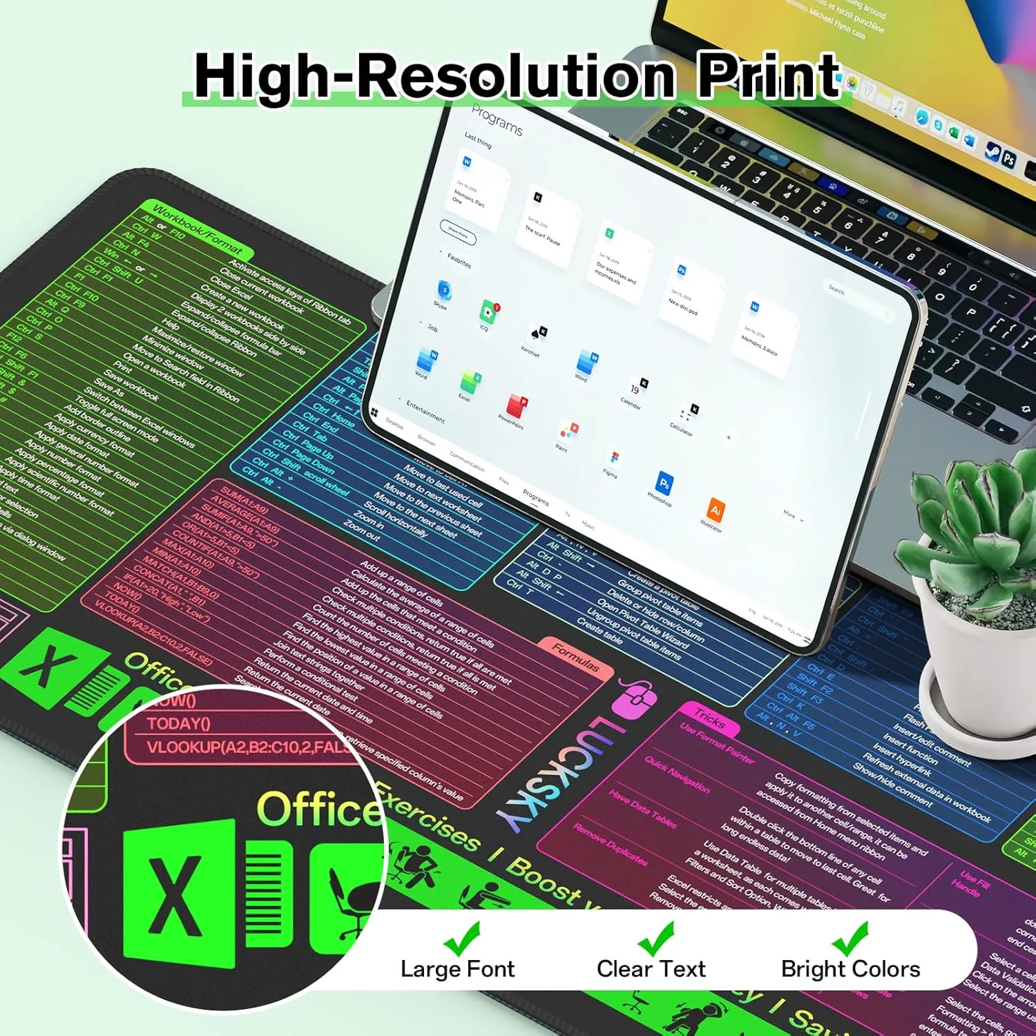 Large Excel Cheat Sheet Desk Pad, Cheat Table Gaming Mousepad, Over 150 Excel Shortcuts, Non-Slip Sewn Edge, Suitable for Office Use, Employee Appreciation Gift