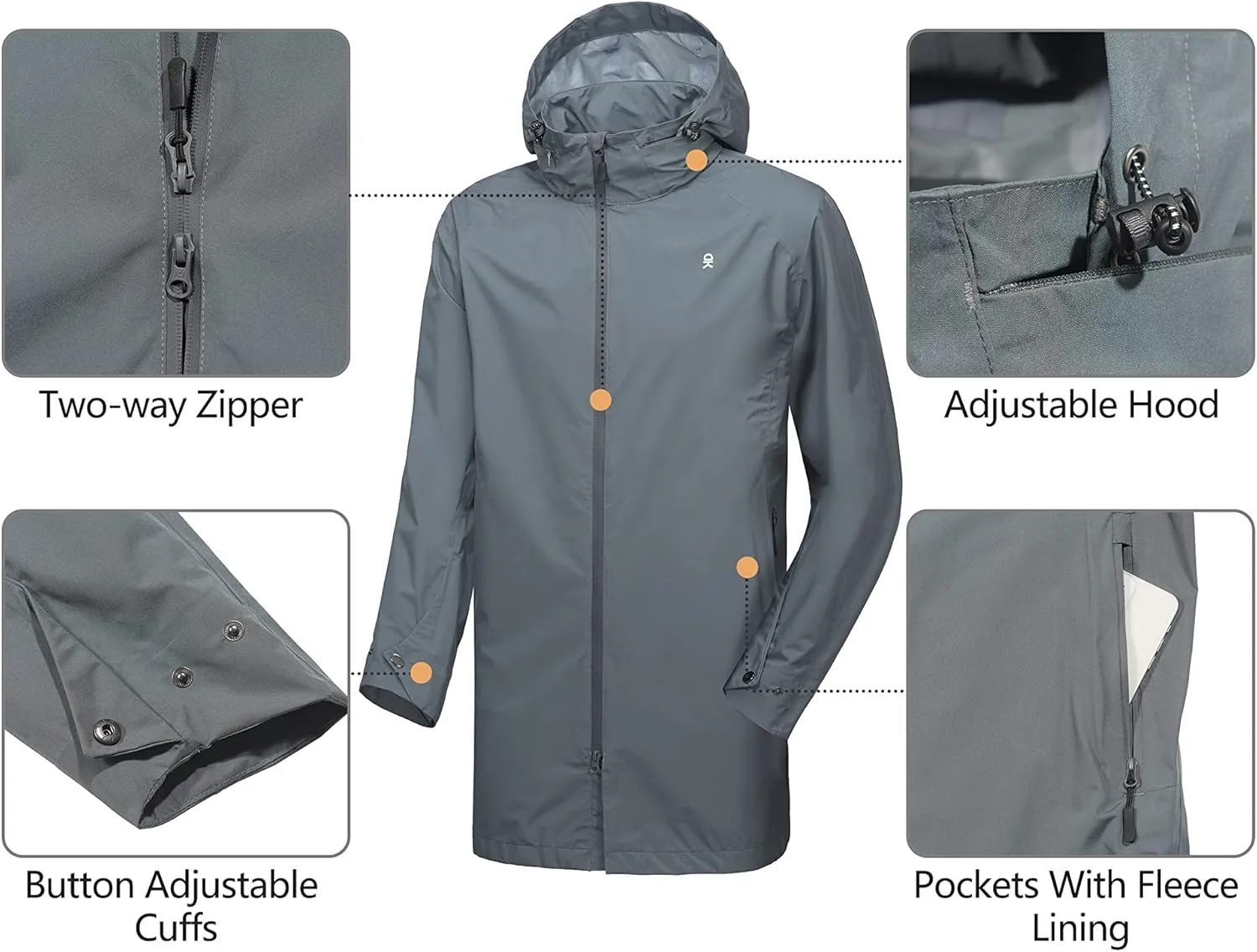Little Donkey Andy Men's Waterproof Rain Jacket Outdoor Lightweight Mountain Windbreaker Long Coat for Hiking Golf Travel