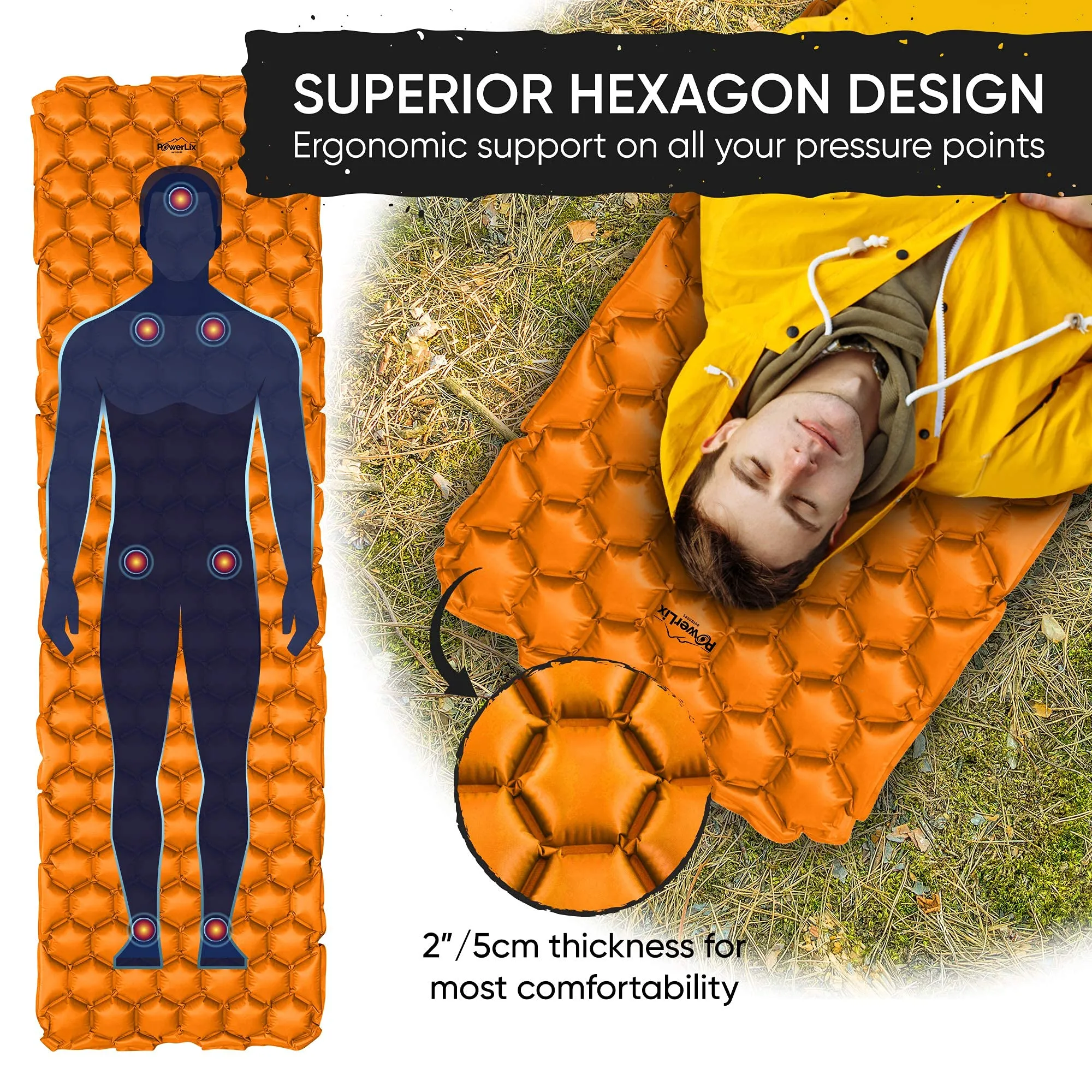 POWERLIX Ultralight Inflatable Camping Sleeping Pad - Camping Mattress for Backpacking, Hiking, Compact Lightweight Sleeping Mat for Camping, Inflation Bag/Repair Kit Included