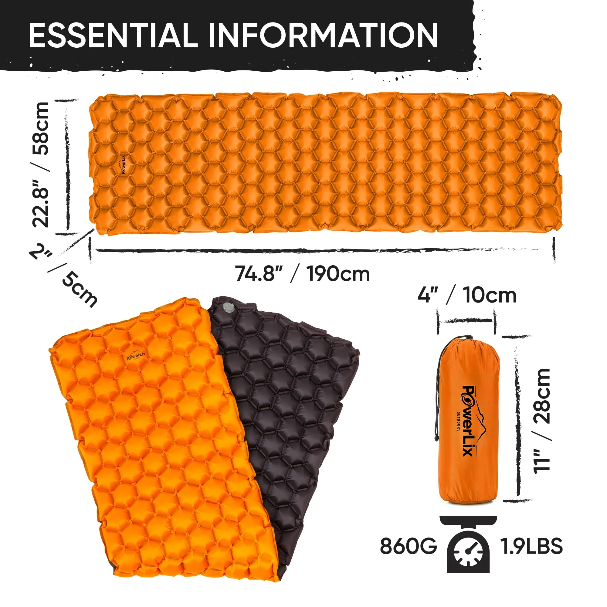 POWERLIX Ultralight Inflatable Camping Sleeping Pad - Camping Mattress for Backpacking, Hiking, Compact Lightweight Sleeping Mat for Camping, Inflation Bag/Repair Kit Included