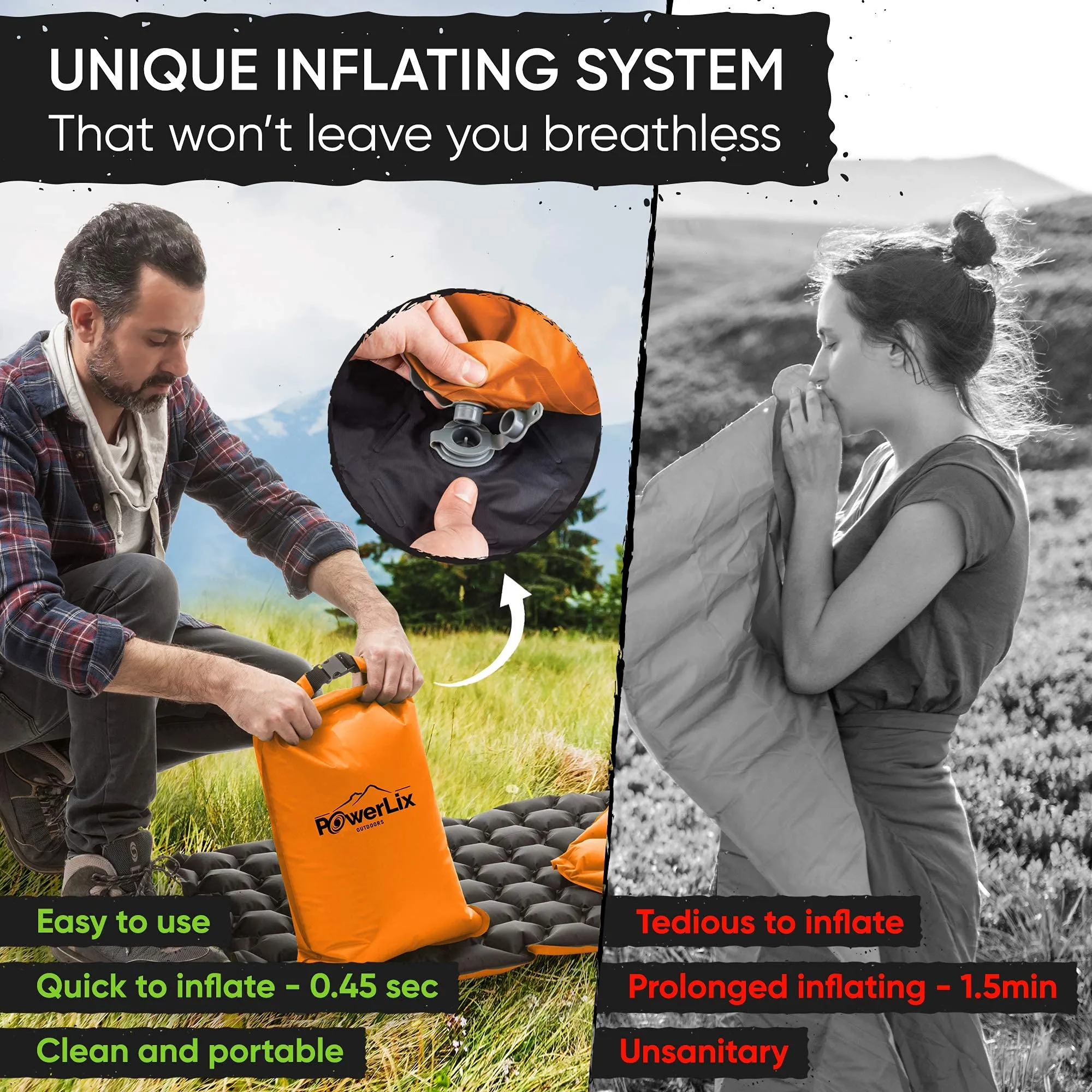 POWERLIX Ultralight Inflatable Camping Sleeping Pad - Camping Mattress for Backpacking, Hiking, Compact Lightweight Sleeping Mat for Camping, Inflation Bag/Repair Kit Included