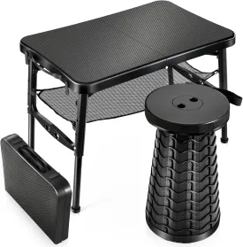 Retractable Small Folding Table and Stool Set, Portable Camping Foldable Table Lightweight Yet More Sturdy with Adjustable Stool for Outdoor Picnic, Beach, Camp, Also Ideal as Lap Desk, Bed Table