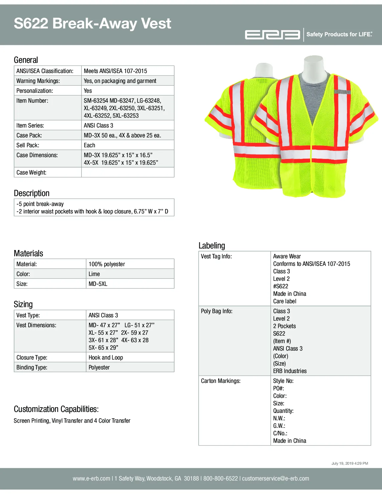 S622 Class 3 5-Point Mesh Break-Away Safety Vest 1pc