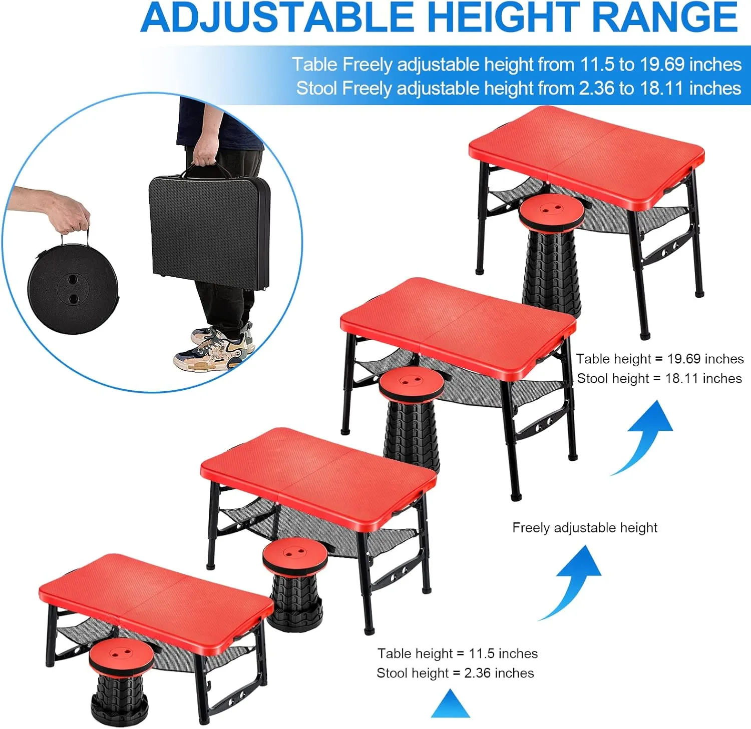 Small Folding Camp & Beach Table, Height Adjustable Portable, Perfect for RV, Picnic, Lap, Bed Trays (Red)