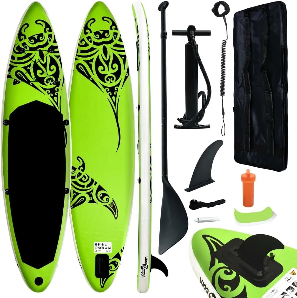 vidaXL Stand Up Paddleboard Set - The Versatile Inflatable SUP Board with Removable Fin, Non-Slip Traction Pad, High-Pressure Screw Valves - Green