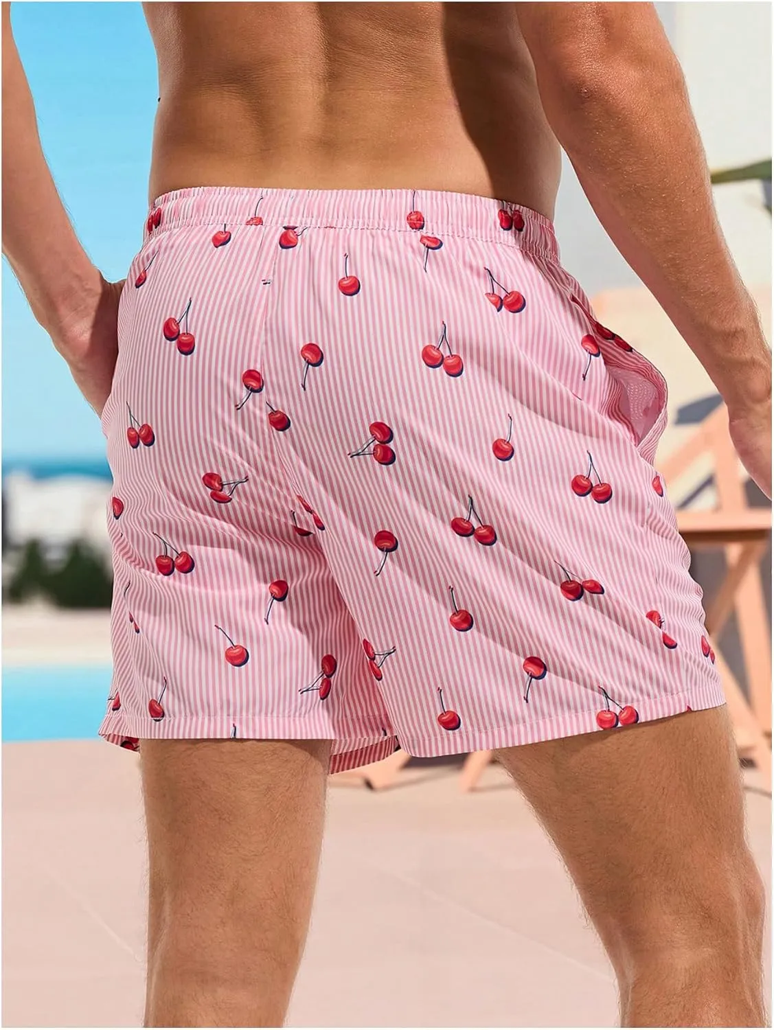 WDIRARA Men's Cherry Graphic Drawstring Waist Swim Trunks Board Shorts with Compression Liner