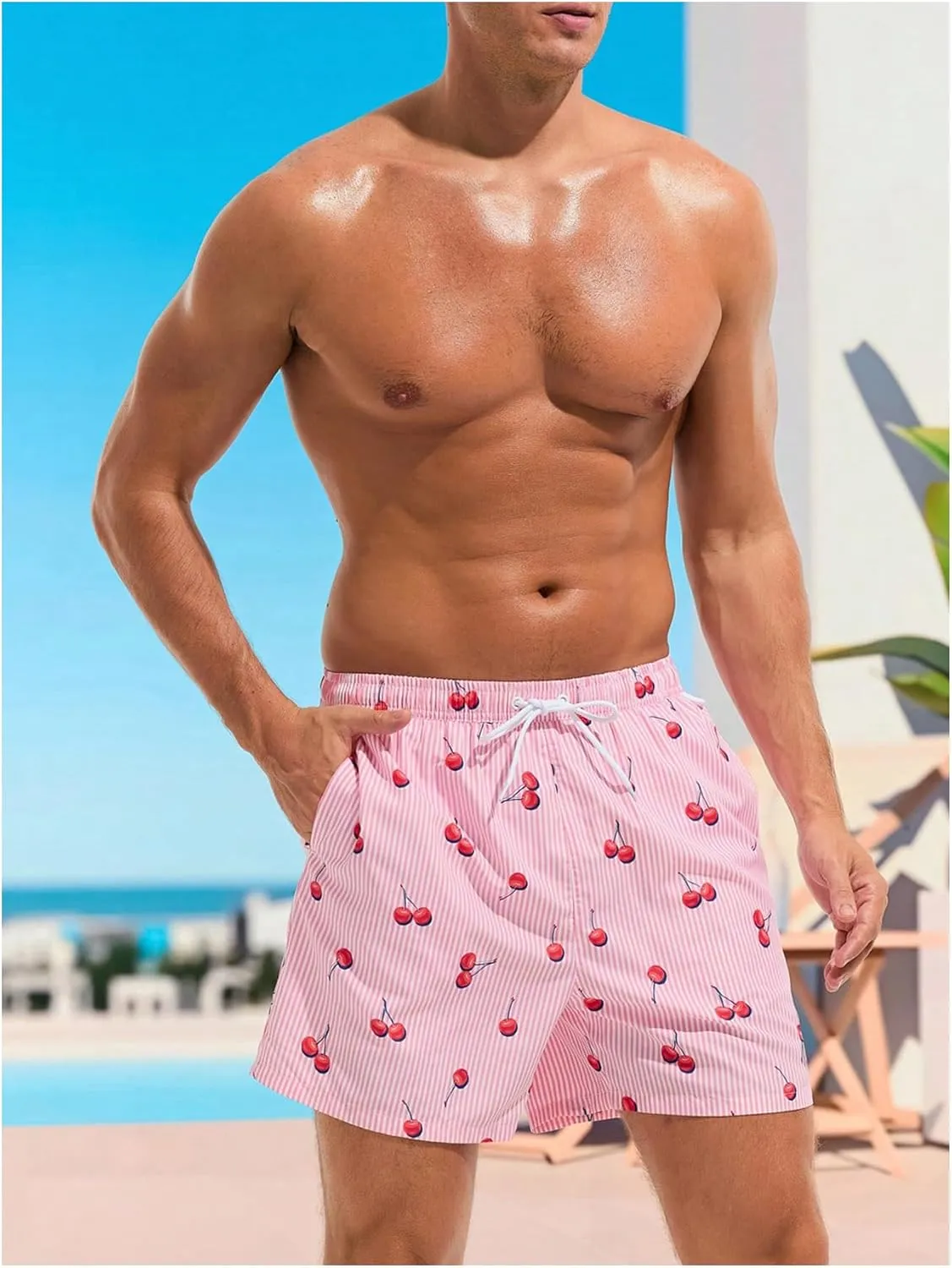 WDIRARA Men's Cherry Graphic Drawstring Waist Swim Trunks Board Shorts with Compression Liner