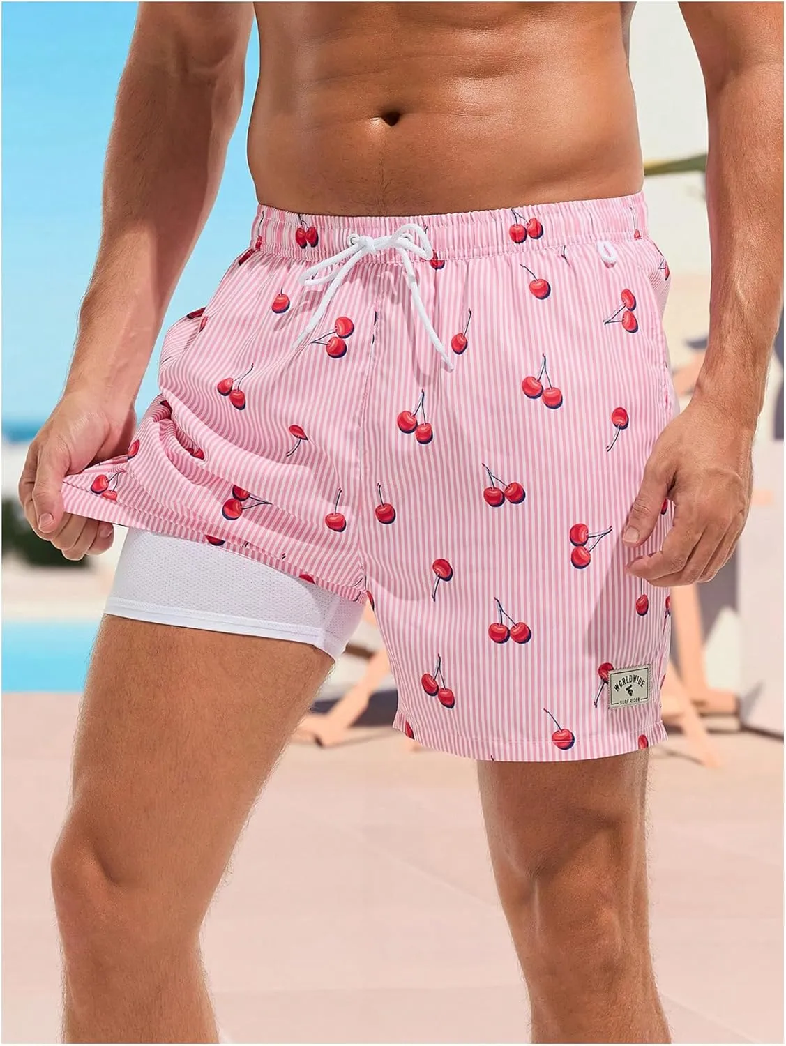 WDIRARA Men's Cherry Graphic Drawstring Waist Swim Trunks Board Shorts with Compression Liner