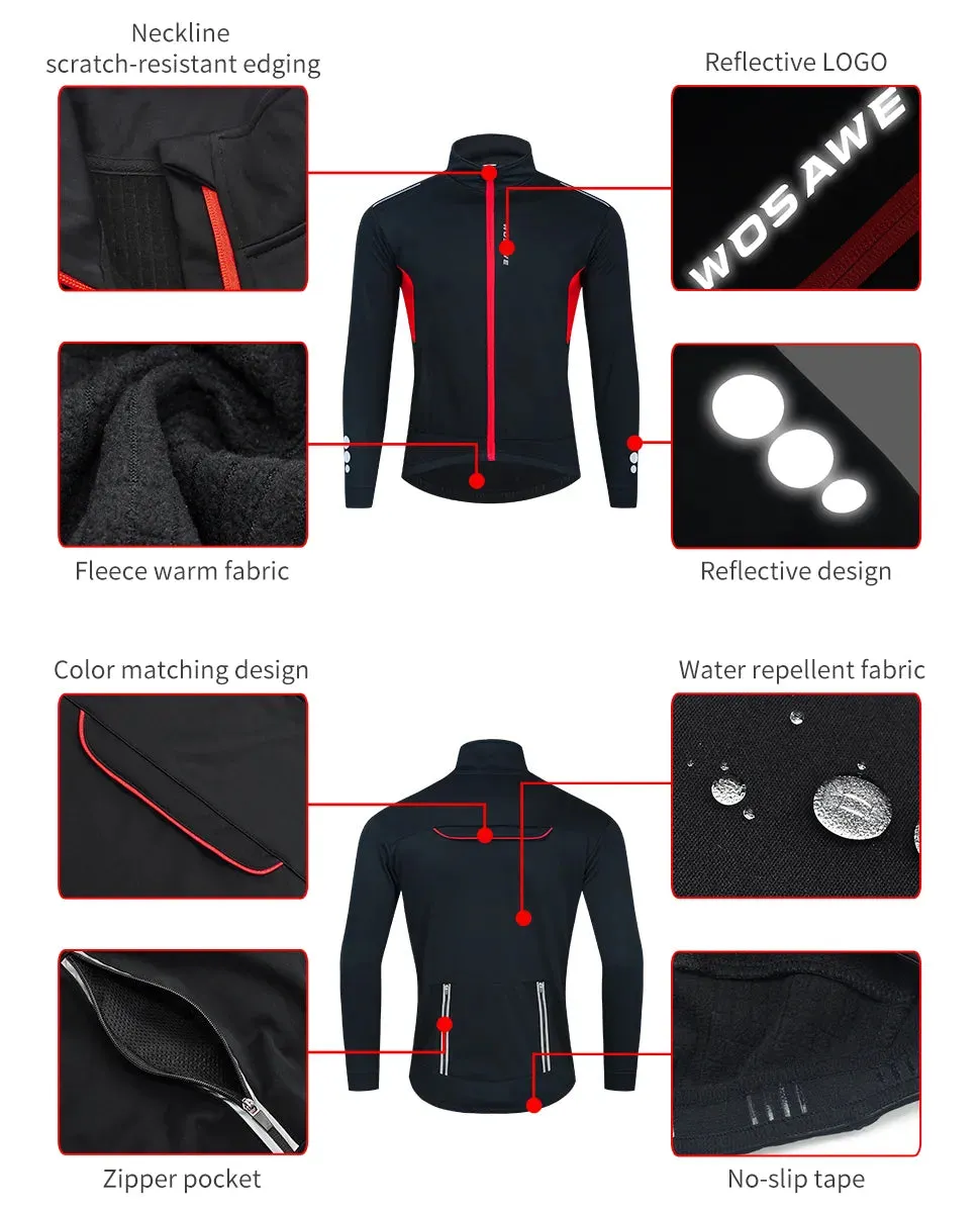 Winter Cycling Jacket Thermal Fleece Clothing Coat Water repellent Windproof Reflective Cycling Jersey Men Sportswear