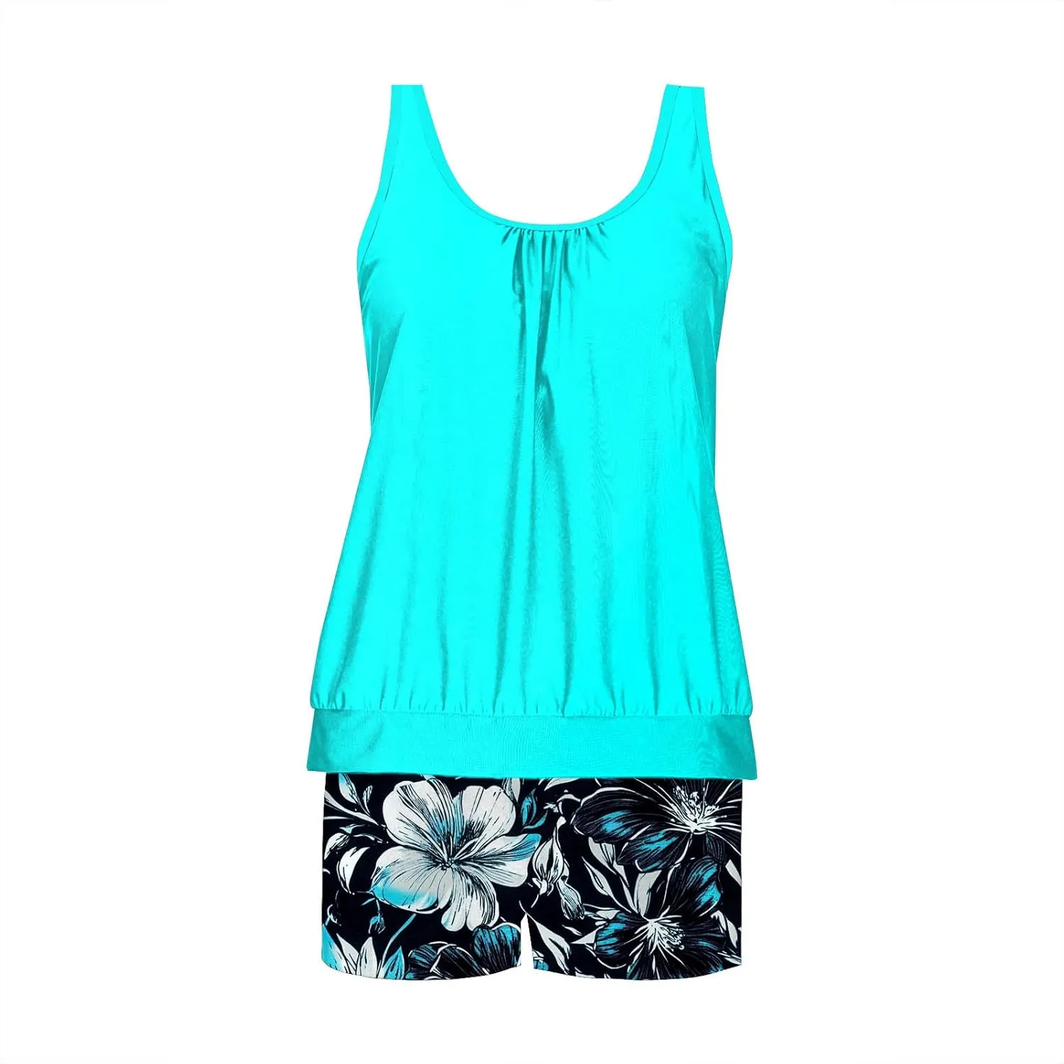 Women's Tankini Swimsuits Tummy Control Two Piece Bathing Suits Blouson Swim Tank Top with Boyshorts Modest Swimwear