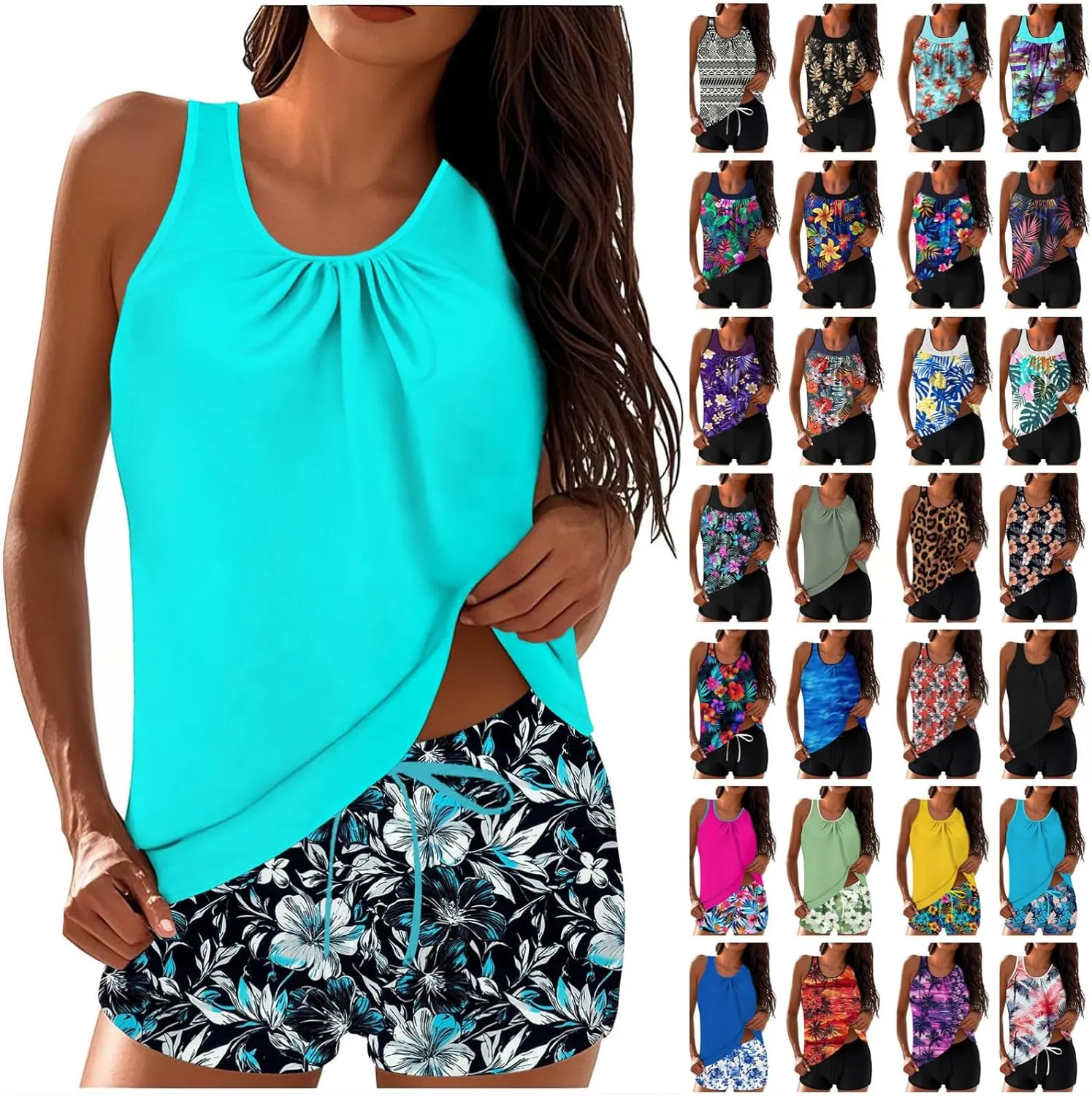 Women's Tankini Swimsuits Tummy Control Two Piece Bathing Suits Blouson Swim Tank Top with Boyshorts Modest Swimwear