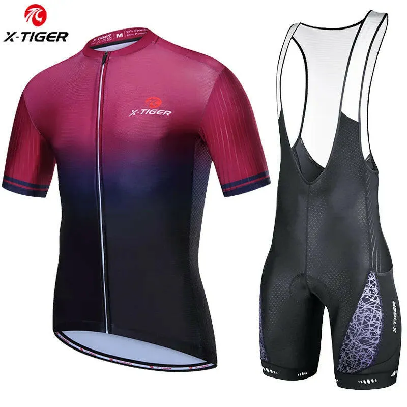 X-TIGER Men's Cycling Jersey Set Road Bike Jersey Zipper Pocket Bib Shorts Reflective Quick-Dry Breathable Biking Clothing Set