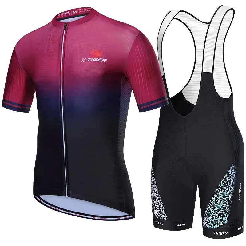 X-TIGER Men's Cycling Jersey Set Road Bike Jersey Zipper Pocket Bib Shorts Reflective Quick-Dry Breathable Biking Clothing Set